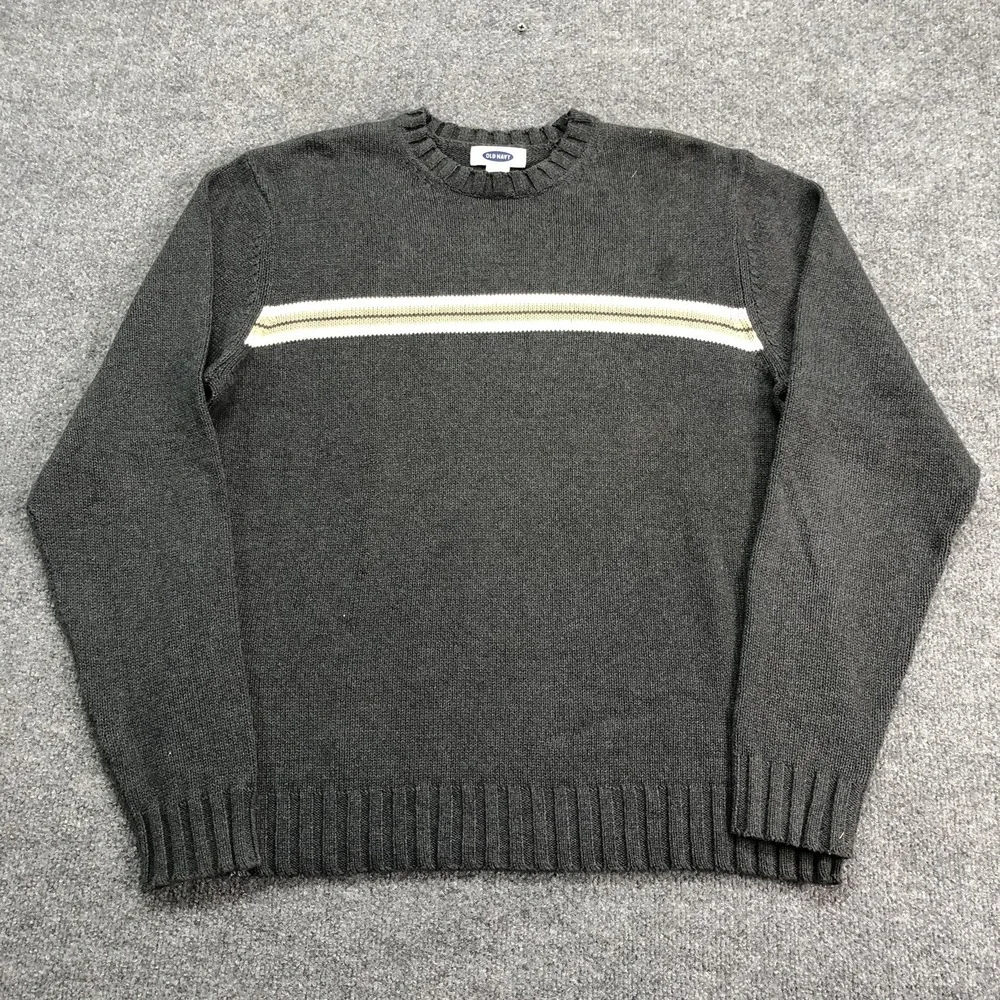 Old Navy Sweater Mens Large Gray Stripe Crewneck Cotton Knit Pullover Casual